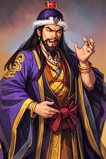 sanguozhi, 1boy, male focus, solo, facial hair, jewelry, necklace, long hair, beard, bracelet, crown, wide sleeves<lora:风格-三国志-[sanguozhi]:1>