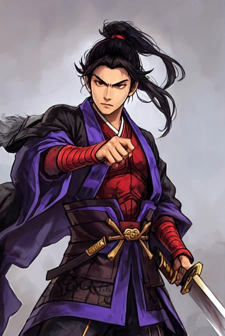 sanguozhi, 1boy, solo, weapon, male focus, sword, holding, black hair, dual wielding, holding weapon<lora:风格-三国志-[sanguozhi]:1>