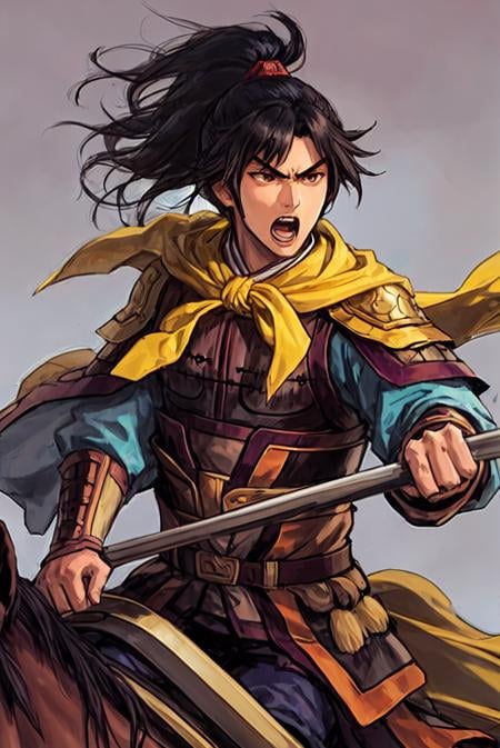 sanguozhi, 1boy, male focus, armor, solo, black hair, horse, horseback riding, open mouth, riding, weapon, polearm<lora:风格-三国志-[sanguozhi]:1>