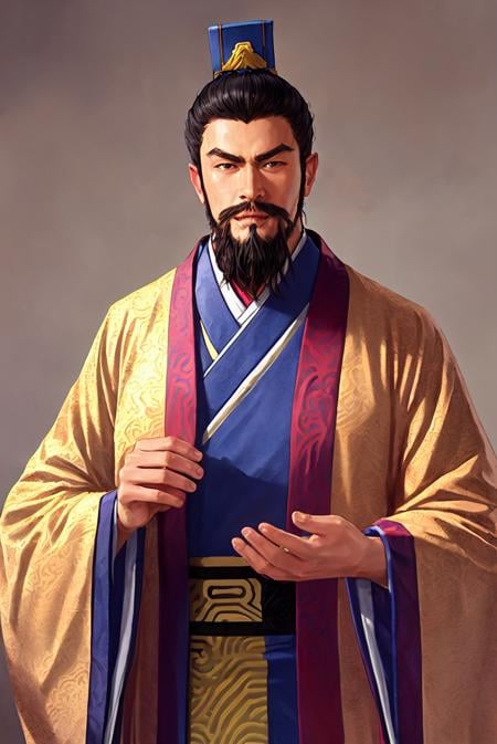 sanguozhi, 1boy, male focus, solo, facial hair, scroll, chinese clothes, hanfu,  black hair, mustache, robe, beard, long sleeves, wide sleeves<lora:风格-三国志-[sanguozhi]:1>