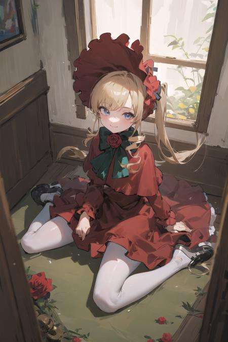 (masterpiece,best quality, detailed), indoors, looking at viewer, 1girl, solo, full body, from above, smile, sitting, wariza,original outfit, 1girl, solo, dress, bonnet, flower, red dress, looking at viewer, rose, white pantyhose<lora:shinku-pynoise-000009:1>