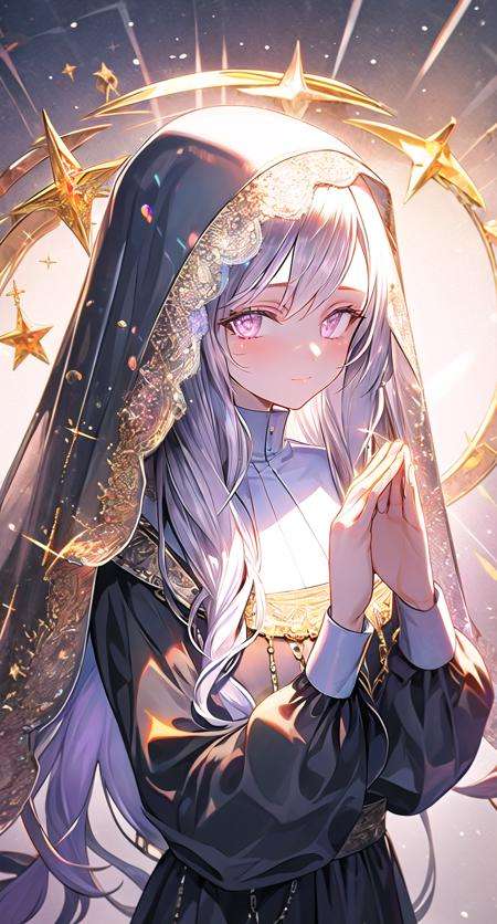 mirrornun, portrait, 1girl, solo, nun, upper body, long sleeves, blush, habit, own hands together, long hair, looking at viewer, closed mouth, halo, bangs, dress, grey eyes, black dress, sparkle, hands up, grey hair, veil <lora:mirrornun-noise:1>