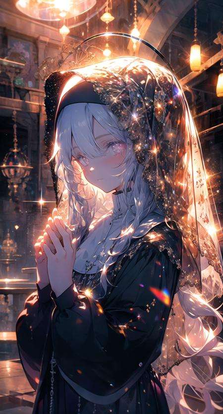 mirrornun, portrait, 1girl, solo, nun, upper body, long sleeves, blush, habit, own hands together, long hair, looking at viewer, closed mouth, halo, bangs, dress, grey eyes, black dress, sparkle, hands up, grey hair, veil <lora:mirrornun-noise:1>