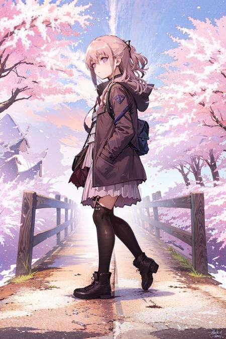 octans, outdoors, cherry blossoms, tree, 1girl,AR15,BR15,CR15, flower, bag, from side,purple eyes, skirt,pink hair, pantyhose, petals, shoes, day, 1girl, scenery, standing, signature, sky, bridge, jacket, spring (season), shoulder bag, brown jacket, facing away, coat, black footwear, multiple girls, road, brown coat, hood, torii, brown hair, hood down, long sleeves, blue sky, cloud<lora:octans:1> <lora:GF-少前-AR15-MOD3-og:1>