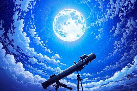 octans, sky, moon, night, star (sky), scenery, cloud, night sky, starry sky, full moon, no humans, outdoors, blue theme, telescope, dutch angle, cloudy sky, signature, from below<lora:octans:1>