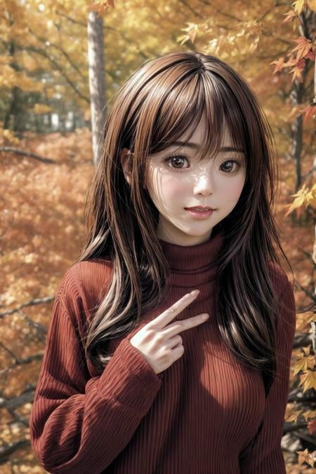 rare angle, [:(detailed face:1.2):0.2], extra resolution, portrait of (AIDA_PiperAkira:1.15) as cute 20yo girl in the (autumn:1.5) park, reddish brown eyes, big eyes with elegant eyelashes, black hair, (wearing warm red sweater:1.3), (sweater:1.3), smiling, funny, playful, flirting, standing, intimate, dolly short, dynamic pose, (falling leaves:1.3), hyperrealism, highly detailed background, 8k wallpaper, soft lighting, high quality, (photorealistic:1.3), kkw-ph1, <lora:add_detail:1>, <lora:tangbohu-detailer_1.0:1>, yellow theme