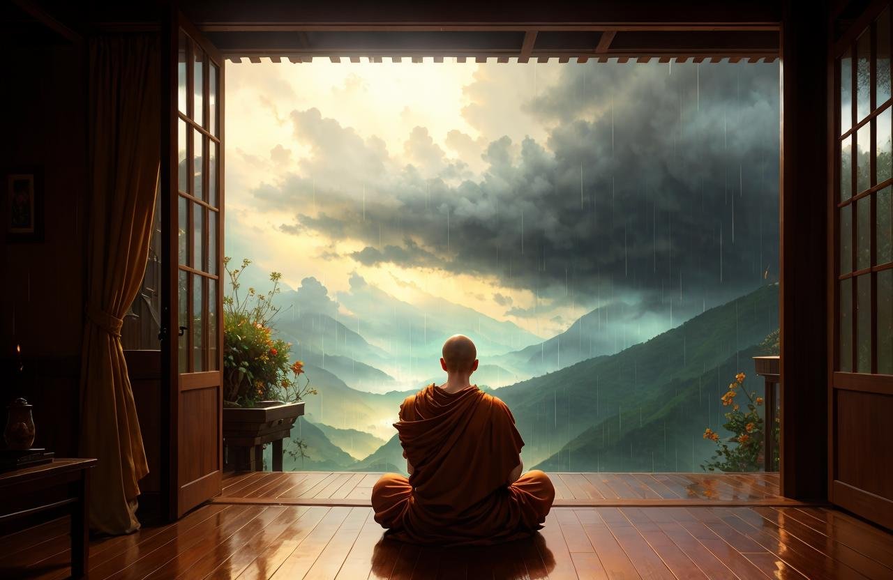 rainy days,  a monk is meditating,  cloudy_sky by Brasileiro Tarado on Tensor.Art