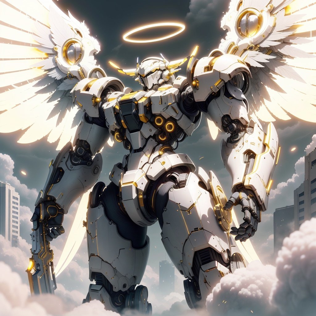 <lora:BlessedTech-20:0.8>, blessedtech ,holy, golden ,  battle mech, cityscape,