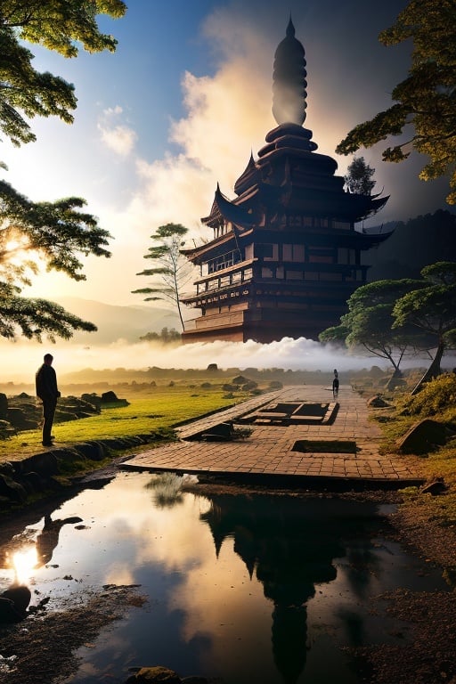 a man in front of gigantic candi buddha building on mountain, statue of buddha, reflective floor, epic, fog, dawn, dramatic lighting, dim light, forest, cliff, <lora:enviromentv02:0.7>