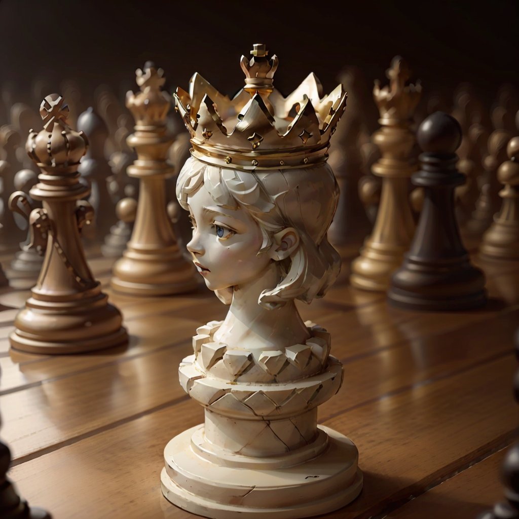 <lora:ChessGame-20:0.8>,chsworld,  as a piece, solo, statue, white , gold mini crown, 1girl,  