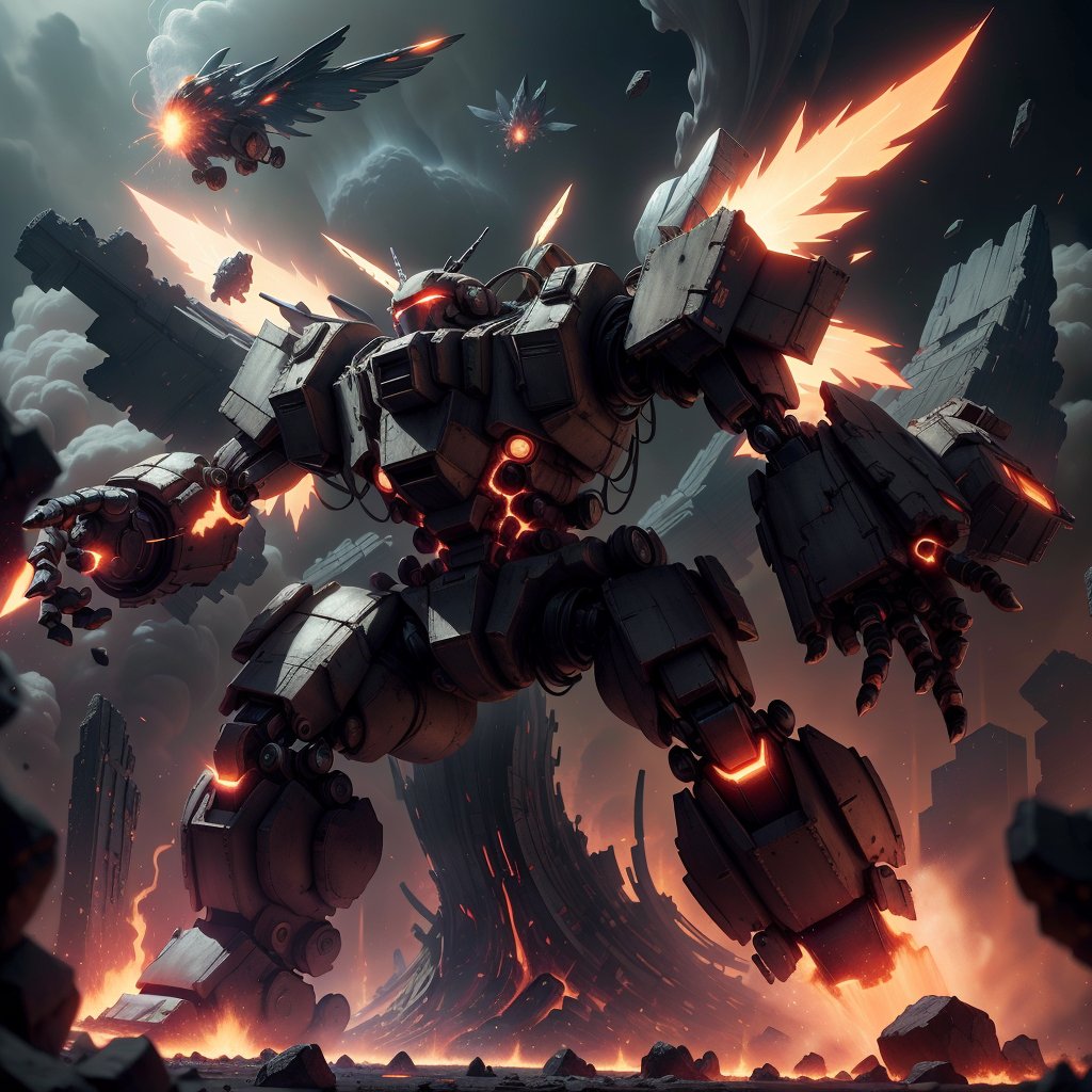 <lora:MagmaTech-20:0.8>,MagmaTech,lava, blazing, eruption,flame wings battle mech,floating stones , debris, cityscape,