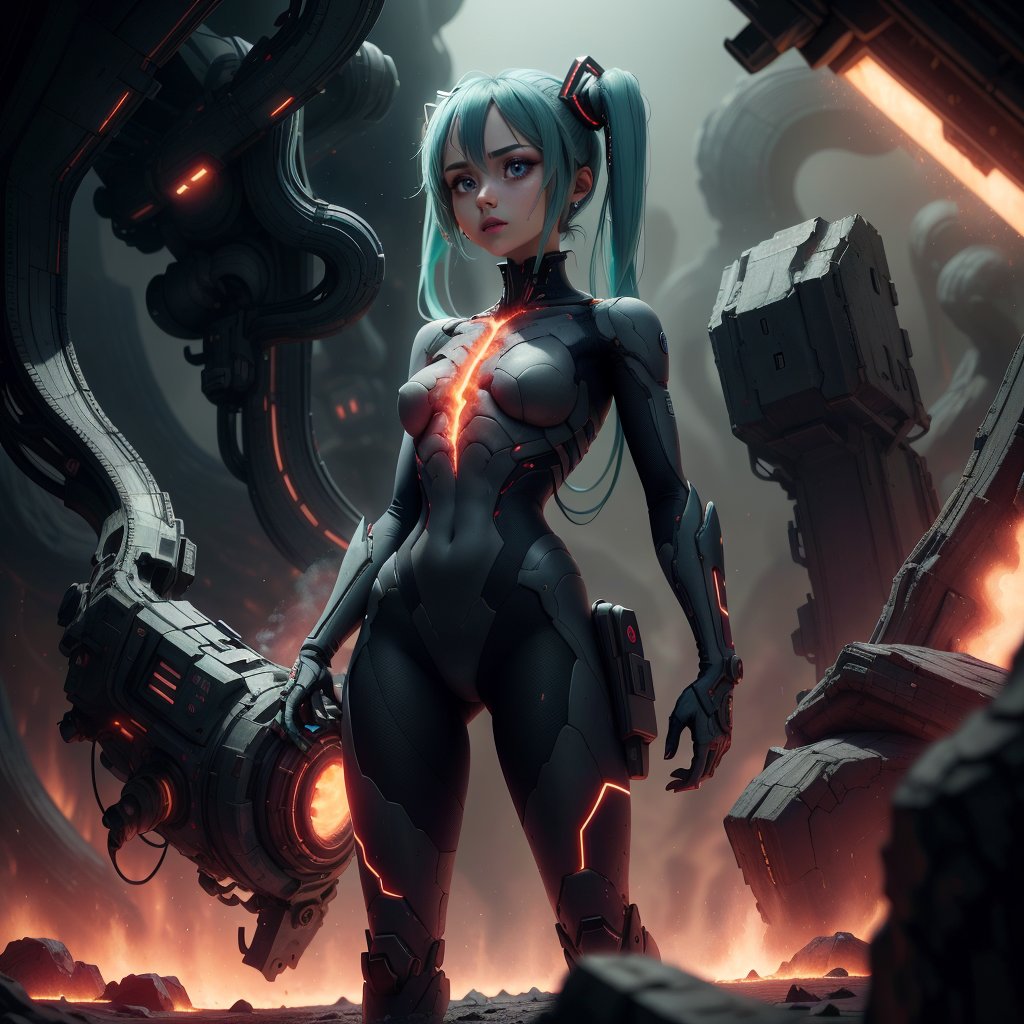 <lora:MagmaTech-20:0.8>,MagmaTech, lava ,scifi, 1girl, standing, hatsune miku,