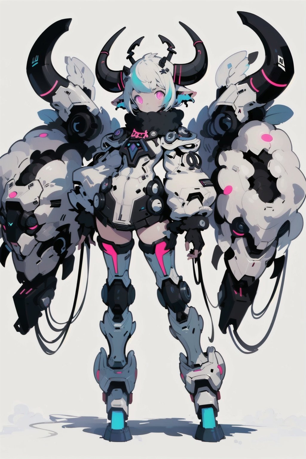 best quality,masterpiece,illustration,1girl,solo,full body,(sheep ear:1.2),(Mecha:1.5),machine,sheephorn,sheeptail,(downy:1.5),(Fluorescent color:1.7),(Blank background:1.2),Mechanical leg,Goat's eye,Butterfly,(Colored lines:1.3),