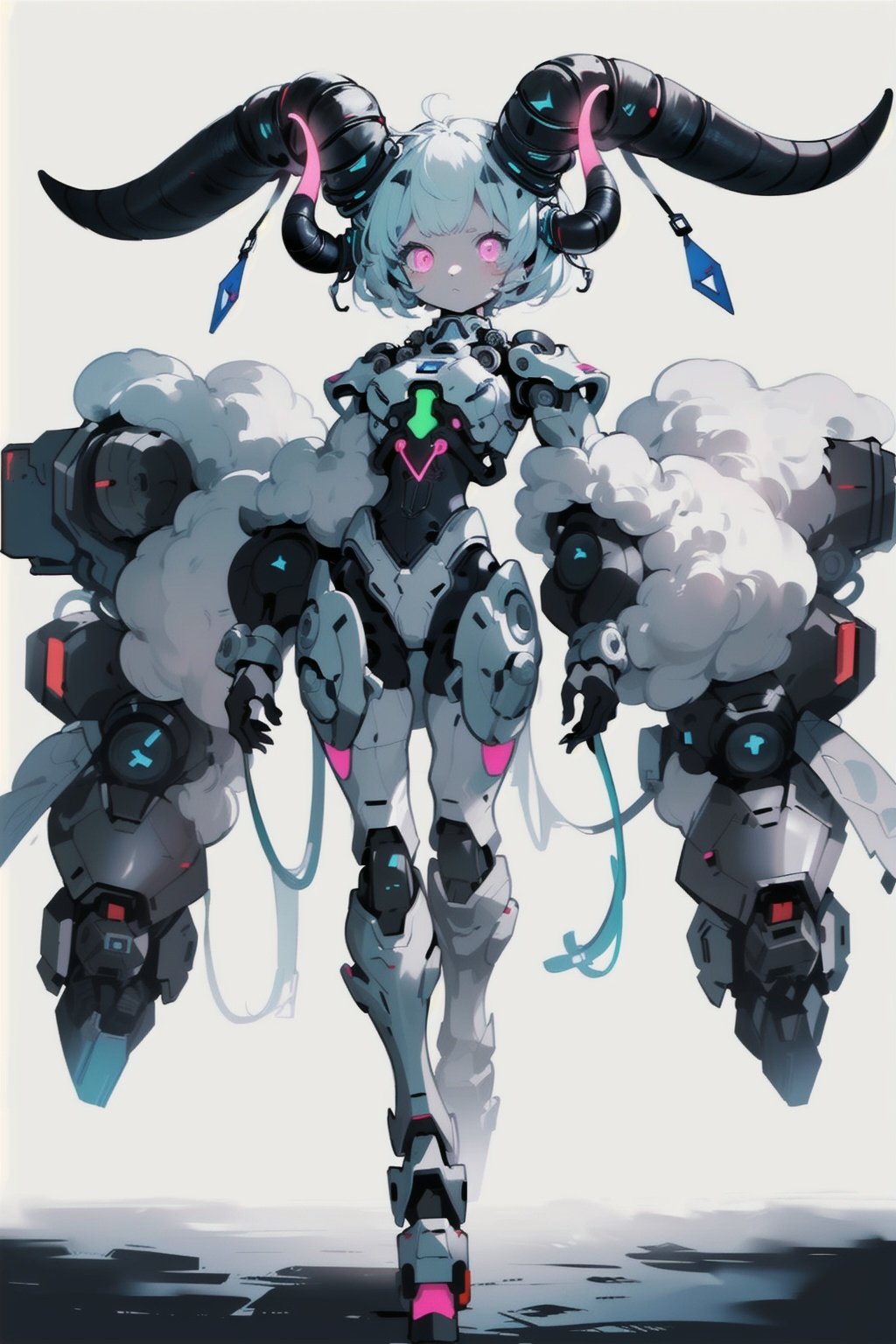 best quality,masterpiece,illustration,1girl,solo,full body,(sheep ear:1.2),(Mecha:1.5),machine,(sheephorn:1.1),(sheeptail:1.3),(downy:1.5),(Fluorescent color:1.7),(Blank background:1.2),Mechanical leg,Butterfly,Mechanical horn,child,Cute sheep ear,(Giant goat's horn:1.3),Mechanical body,Cool tone,(Colored line:1.2),weapon,