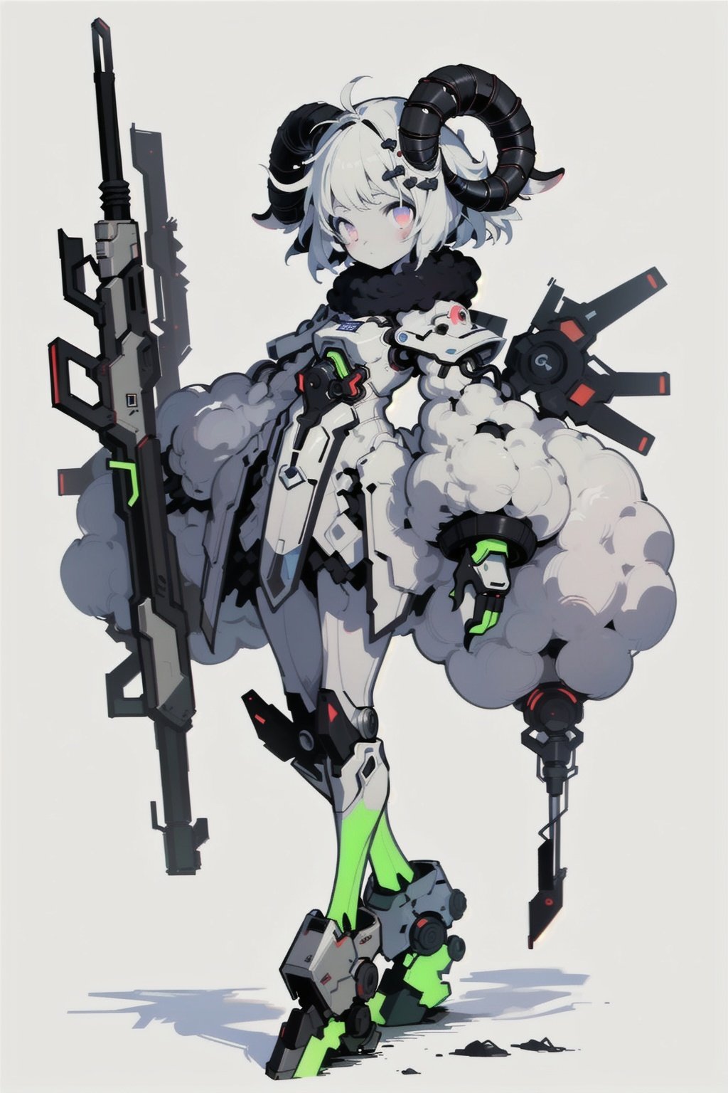 best quality,masterpiece,illustration,1girl,solo,full body,(sheep ear:1.2),(Mecha:1.5),machine,(sheephorn:1.1),(sheeptail:1.1),(downy:1.5),(Fluorescent color:1.7),(Blank background:1.2),Mechanical leg,Butterfly,Mechanical horn,child,Cute sheep ear,(Giant goat's horn:1.2),Mechanical body,Cool tone,(Colored line:1.1),