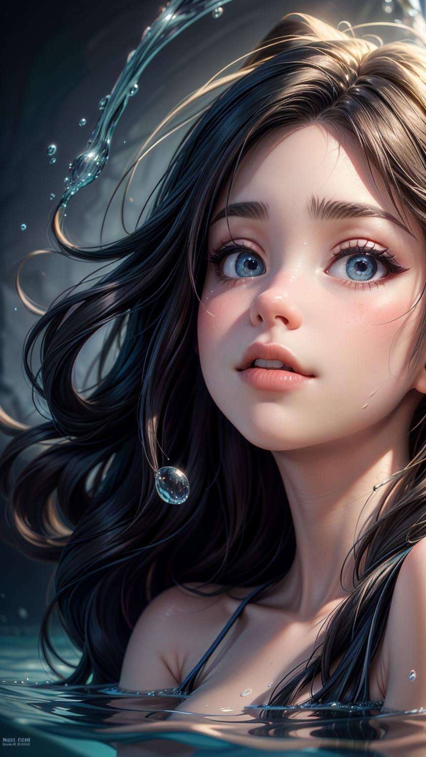 abstract background,(illustration:1),masterpiece,best quality,detailed face and eyes,1 girl,underwater hair physics,air bubbles,light coming through water,reflections,laying in water,split layers of water,school of fish,beauty,