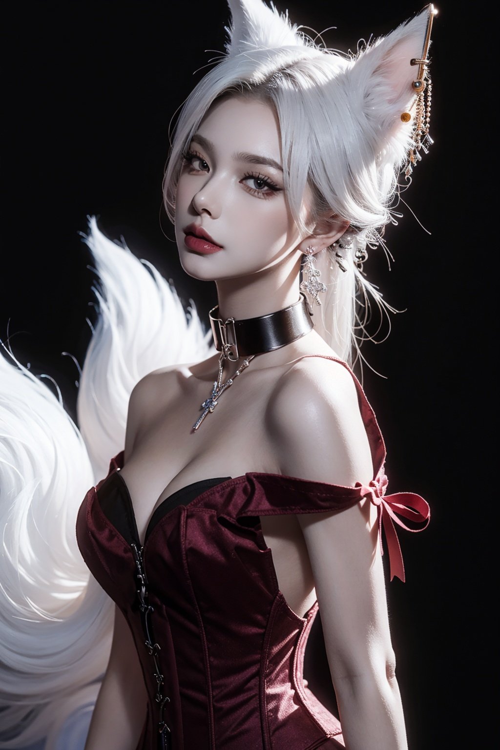 Very detailed CG unified 8K wallpapers,most beautiful artwork in the world,1girll,fox,fox ears,The upper part of the body,Closed_Mouth, Earrings, jewelry, Lips,black lip,eyelashes,jewely,choker necklace,lipstick,black corset,shackle,collars,best qualtiy,yuyao,dress