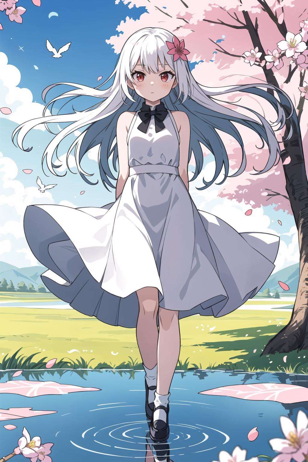 (Highest picture quality), (Master's work),(Detailed eyes description),(Detailed face description),1girl,red eyes,white hair,(very long hair),very long hair (floating in the wind),hair ornament,white dress,small breast,bare legs,white socks,leather shoes,arms and hands behind back,blush,fluttering grass,(spring,sakura blossoms),petals,(lens flare),altocumulus,dazzling light,cool breeze,(shade) of [a sakura tree],meadow,(the grass is growing and the birds are flying),(lake,surface reflection)