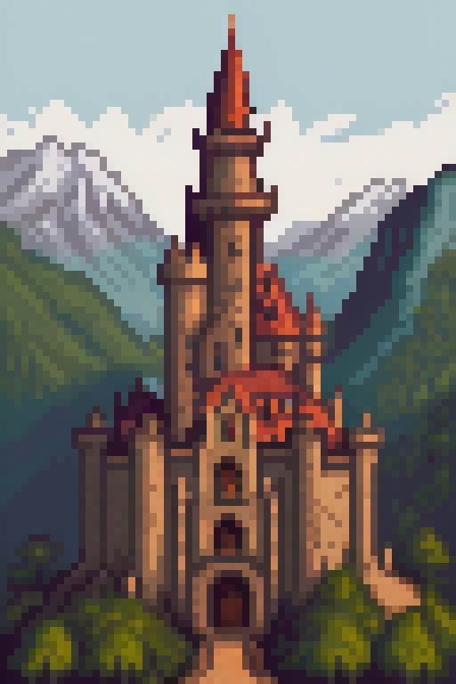 A forbidden castle high up in the mountains,  pixel art, by Oliver DR on Tensor.Art