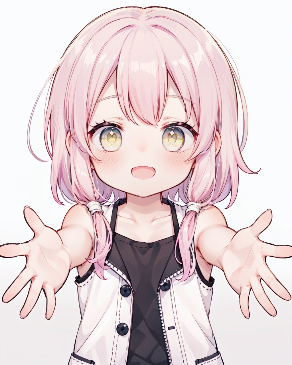 1girl, solo,looking at viewer,collarbone, blush,bare arms, bare shoulders, reaching out,close range, pink hair,yellow eyes,hair over one eye,hair tie,medium hair with long locks , low tied,low ponytail,long locks,solo locks,child,small breasts,bare shoulders,blush,light smile,open mouth, winking, standing,upper body,white background, 