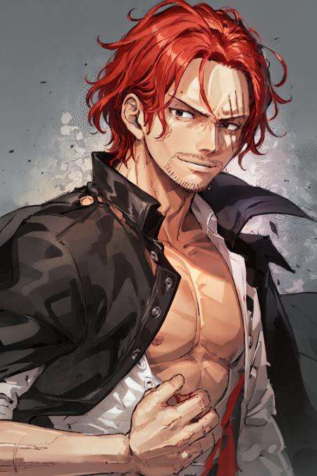 <lora:Shanks:0.8>, Shnks, solo, red hair, shirt, 1boy, black eyes, male focus, open clothes, open shirt, facial hair, scar,  stubble, portrait, smirk, 