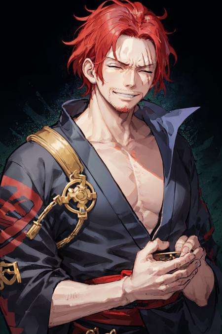 <lora:Shanks:0.6>, Shnks, solo, red hair, 1boy, black eyes, male focus, facial hair, scar,  grin, closed eyes,  upper body, ((blue kimono)), 