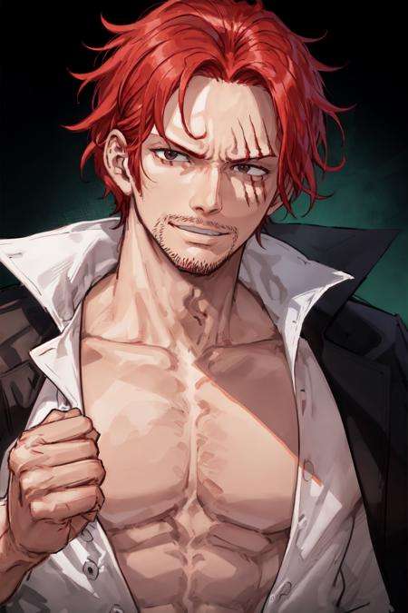 <lora:Shanks:0.6>, Shnks, solo, red hair, shirt, 1boy, black eyes, male focus, open clothes, open shirt, facial hair, scar,  stubble, portrait, smirk, 