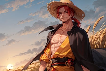 <lora:Shanks:0.8>, Shnks, solo, red hair, 1boy, black eyes, male focus, facial hair, scar, closed mouth, light smile