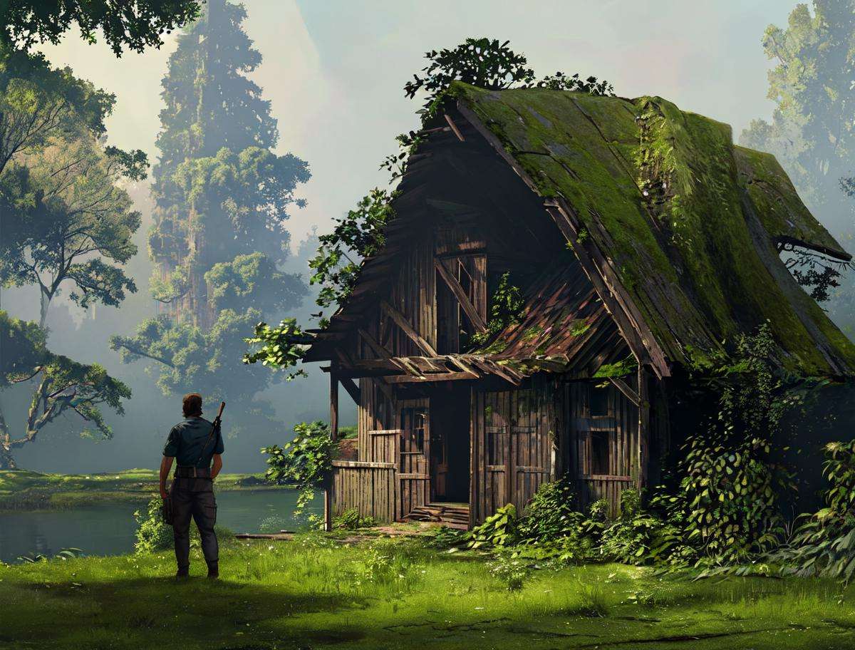 ((best quality)),building, bush, day, facing_away, forest, grass, house, long_hair, moss, nature, outdoors, overgrown, plant, ruins, scenery, solo, treecomfortable， reasonable structure，shock，high detail，abundant，8k，green,tree,Reasonable light and dark relationship,concept art，high detail,   <lora:scene-000002:0.7>