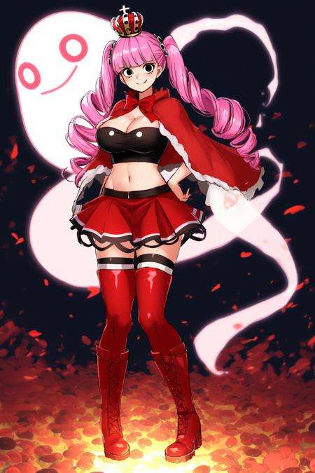 <lora:perona_v1:1.0>, cheems_perona_v3, smile, red boots, crop top, knees up, floating, full body, ghost, twin drills, red capelet, striped thighhighs, cleavage, large breasts, crown, volumetric lighting, light particles , looking at viewer, blush, red skirt, smug, smirk, (disc-shaped eyes, black eyes), 