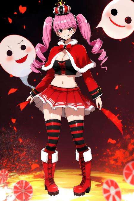 <lora:perona_v1:1.0>, cheems_perona_v3, smile, red boots, crop top, knees up, floating, full body, ghost, twin drills, red capelet, striped thighhighs, cleavage, large breasts, crown, volumetric lighting, light particles , looking at viewer, blush, red skirt, smug, smirk, (disc-shaped eyes, black eyes), 