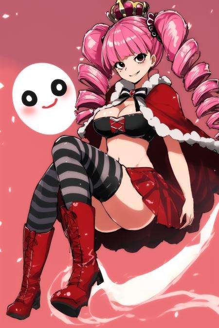 <lora:perona_v1:1.0>, cheems_perona_v3, smile, red boots, crop top, knees up, floating, full body, ghost, twin drills, red capelet, striped thighhighs, cleavage, large breasts, crown, volumetric lighting, light particles , looking at viewer, blush, red skirt, smug, smirk, (disc-shaped eyes, black eyes), 