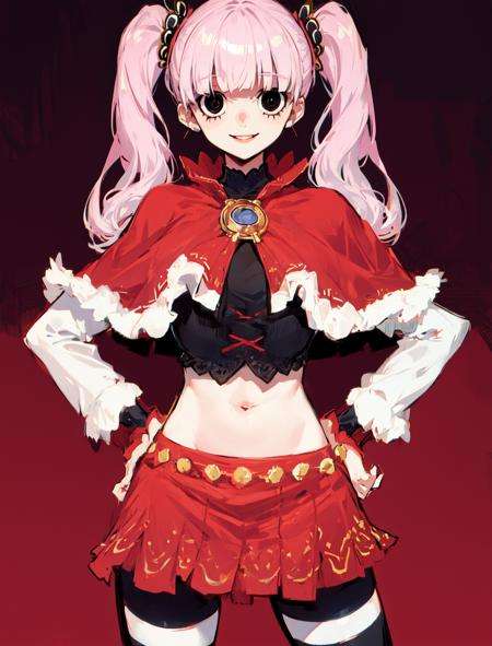 <lora:perona_v2:1.1>, perona, disc-shaped eyes, red capelet, smile, hands on hips, contrapposto, masterpiece, best quality, cowboy shot, striped pantyhose, black eyes