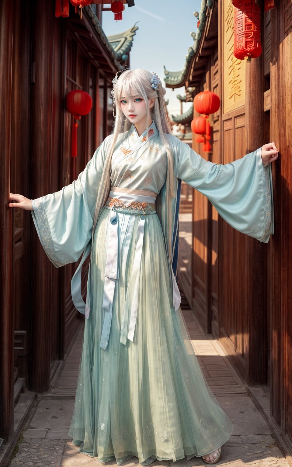 masterpiece, best quality, official art, 8k wallpaper, highly detailed, illustration, ((1 man)), detailed eyes, blue eyes, green gradient hanfu, intricate filigree, dynamic pose, (iridescent colored long hair:1.1), (white hair:1.2), floating hair, east asian architecture, chinese street, scenery, morning,