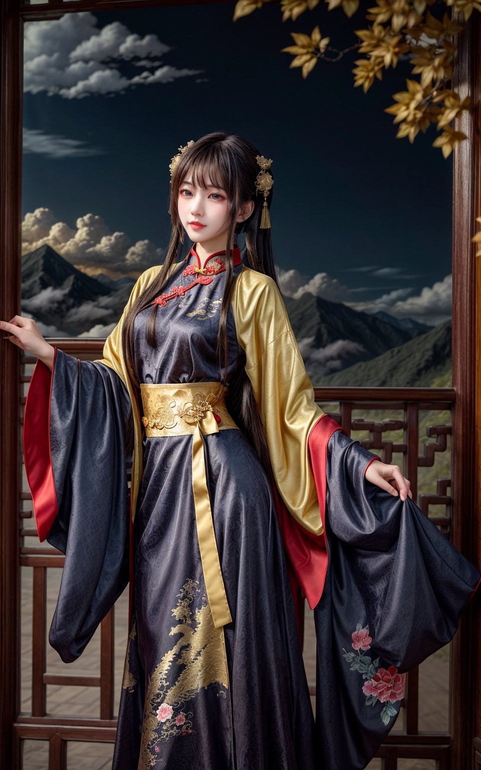 ((4k,masterpiece,best quality)), shuimobysim, traditional Chinese, gold dragon robe, lace CheongSam, 1girl, long hair, flowing body, flower and ribbons surround, cloud background