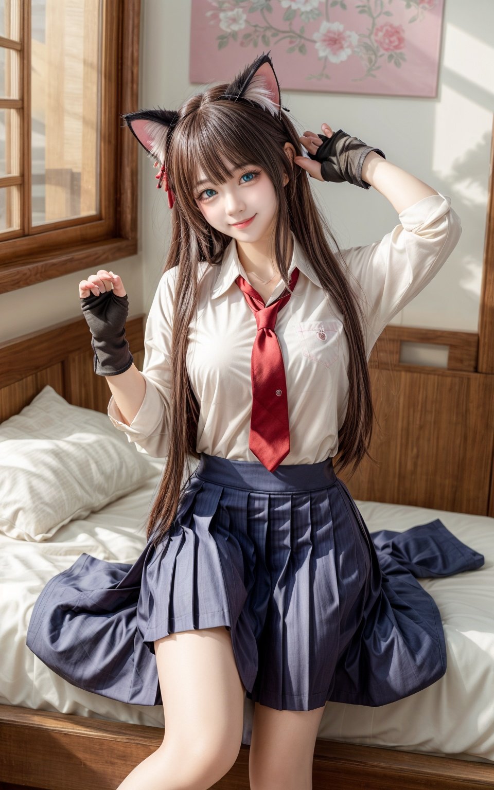 (masterpiece, best quality), 1 beautiful girl, cat ears, smile, slim body, (school uniform:1.1), (detailed beautiful eyes), paw gloves, bedroom, indoors,