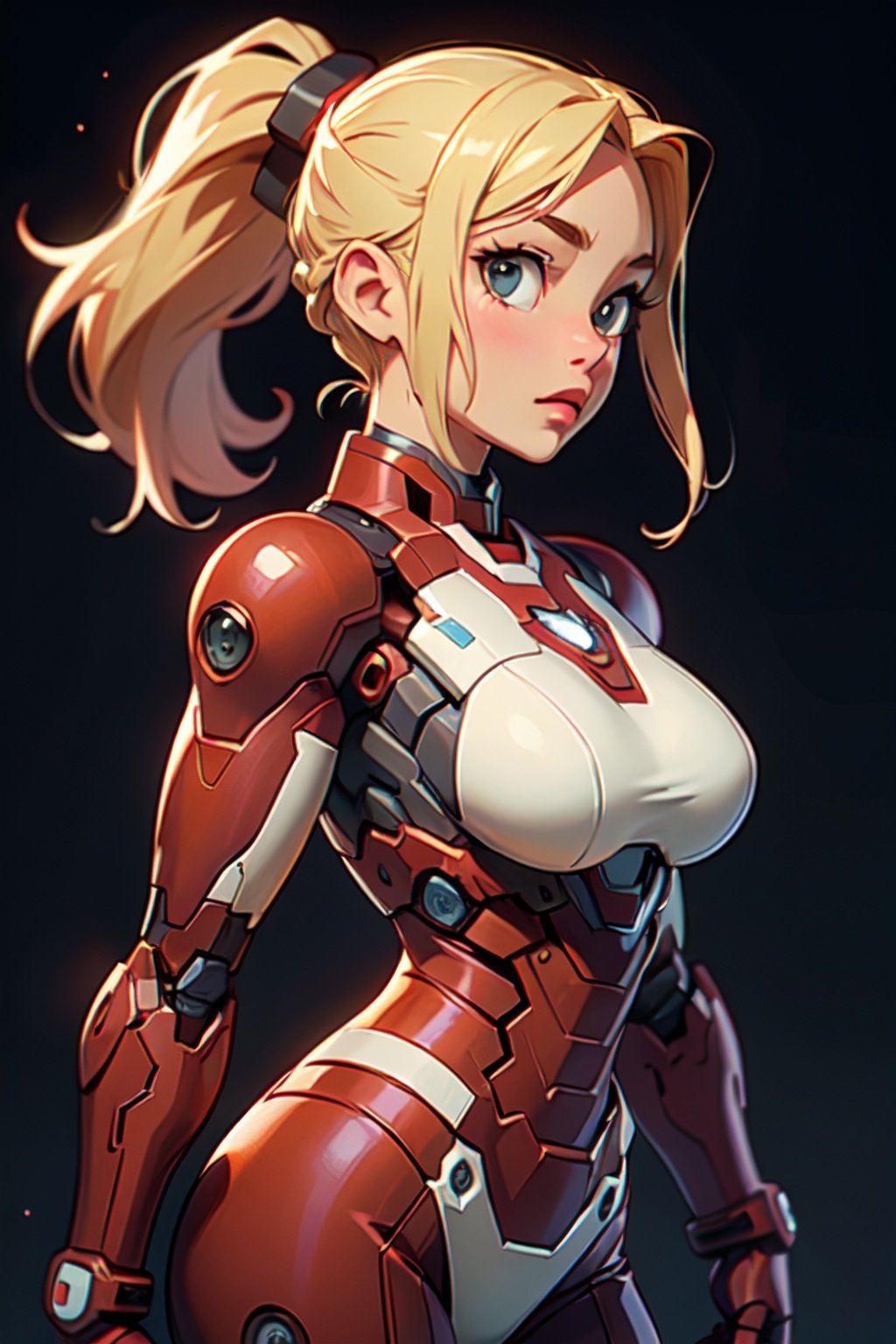 Ironman, sexy girl (masterpiece, best quality:1.1), ghibli style, perfect breast, long_ponytail, blond_hair, war background.