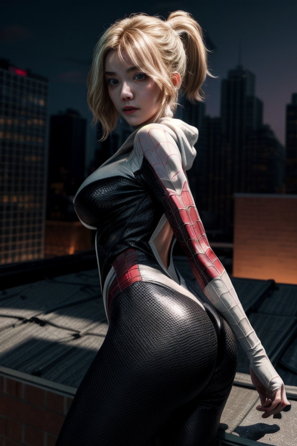 a masterpiece, 16k, high_resolution, professional photography, hyperdetailed skin wallpaper of blonde haired ponytail girl with beautiful eyes, high school girl with an angelical face and a perfect breast, big hip structure, body suit, ass, sexy pose, wearing spider Gwen costume, wearing hood, looking at the viewer, erotic pose, seductive, seduce (sfw), detailed background, rooftop at night, new york, cinematic light}, spidergwen, <lora:EMS-93-EMS:0.9>, <lora:EMS-179-EMS:0.9>, <lora:EMS-1409-EMS:0.3>