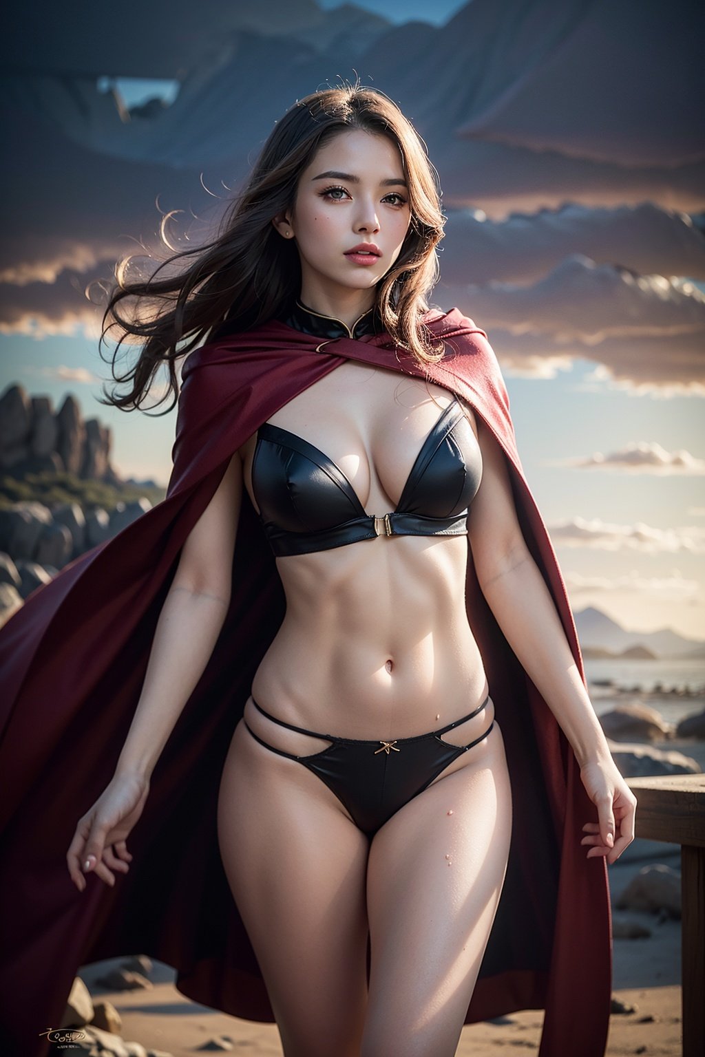 centered, masterpiece, | scarlet witch, full body photo, perfect breast, wavy black hair, red cloak, black transparent top and panties, nipples visible in top, low leg black panties, tranmidriff, navel, wide hips, thick thighs, | wet, natural skin texture, soft cinematic light, elegant, (cinematic look), (saturated colors:1.1), | soft cinematic light, (detailed cloudscape:1.1), beautiful face, beautiful eyes, fantasy, | bokeh, depth of field, planet mars, hills, futuristic scenery, 