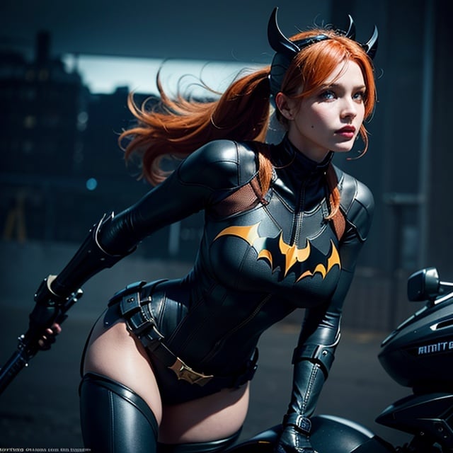 Batgirl, batgirl full costume, arkham knight, full body photo, centered, a beautiful Batgirl in her black bikini, black batgirl helmet, fully black mask, black top and panties, batman aesthetics, cyberpunk aesthetics, night, beautiful curves, tattered outfit, high emphasis on detail, atmospheric, glowing, dramatic lighting, beautiful eyes, symmetric eyed, perfect eyes, best quality, 1girl, solo, perfect breasts, muscular, badass stance pose, different poses, beautiful face, super detailed and realistic eyes, smile,volumetric lighting, best quality, masterpiece, intricate details, tone mapping, sharp focus, hyper-detailed, batgirl, batgirl suit, orange hair ponytail, bodysuit, cape, lipstick, covered legs, (cinematic look), (saturated color:1.1), soft cinematic light, (detailed cloudscape:1.1), beautiful face, beautiful eyes, fantasy, bad cave, cave full of supercomputers, futuristic batgirl motorbike, bats, cave scenery, night scenery, dim light,cyberpunk robotNegative prompt