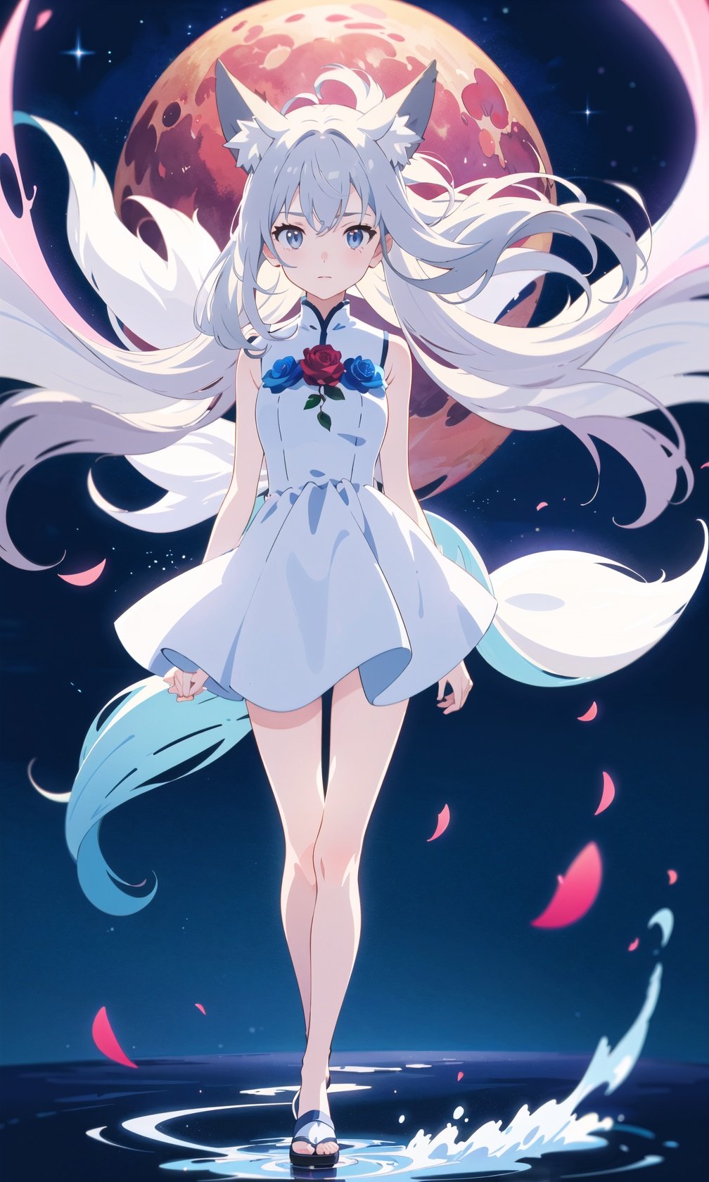 1girl,(studio ghibli style).enhancement, ultrainstinct, (aura:1.3), looking at viewer, white hair, long hair, grey eyes, anime, highres, bloom, bokeh, vanishing point, (masterpiece:1.2), floating, cosmos, celestial, (80mm), fill light, rim light, glowing, full body, goddess outfit, chromatic aberration, Flat colors , aquarela, digital painting, art design, color pastel , anime modern, splashing, fire, red moon, flower, red flower, white flower, blue flower, blue rose, (animal ears, animal ear fluff, fox ears:1.1)