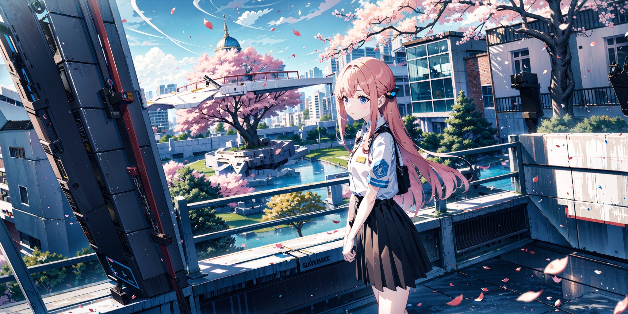 masterpiece, best quality,1girl, black skirt, branch, building, chain-link fence, cherry blossoms, fence, long hair, outdoors, petals, pleated skirt, rain, shirt, short sleeves, skirt, solo, standing, tree,sky, AND(spaceship in sky:1.4), intricate game cg, exceptional, extremely detailed, vivid colours, absurdres, cityscape, horizon