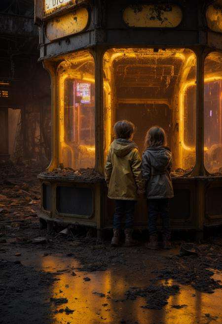 ((best quality)), ((masterpiece)), ((ultra realistic)), beautiful intricately detailed portfolio photograph, 2 children holding hands (in a dilapidated amusement park:1.2), rusted, broken, gloomy over cast rainy, rubbish, rubble, detritus, dirty cuddly toys, broken kiosk, ( mud, reflections:1.2),(everything destroyed,  broken windows, wearing yellow rain coats:1.2), Ferris wheel, highly detailed, ((body portrait)), professional, 8k, uhd, soft volumetric lighting, depth of field, film grain, smooth, roughness, real life, soft warm vibrant yellow and black color palette