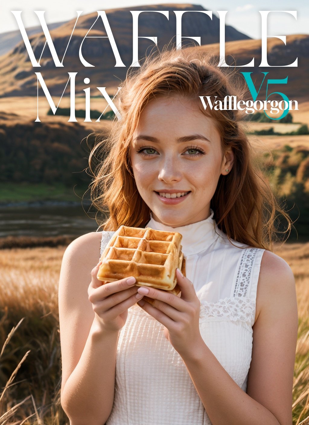 HDR, 8K resolution, intricate detail, sophisticated detail, depth of field, photorealistic, sharp focus, (Medium Close-Up shot), Glamor shot, redhead woman, (laughing:0.8), looking at viewer, smiling, (wearing shirt), (holding up a waffle:1.25), magical, (golden hour:1.2), Scottish highlands background, mountain, grass, fcPortrait, (Style-Kilt:0.9)