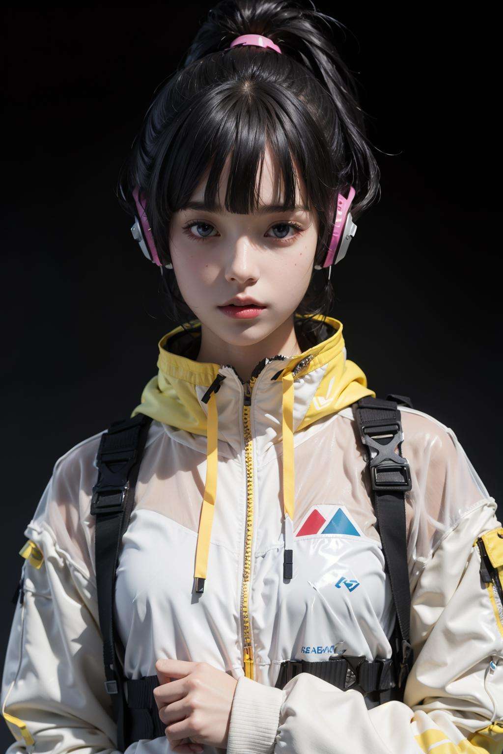 (realistic:1.2),1girl, bandaid, black_hair, dirty, grey_background, headphones, headset, short_hair, solo, breasts, bangs, blue_eyes, simple_background, long_sleeves, medium_breasts, jacket, upper_body, ponytail, small_breasts, lips, see-through, torn_clothes, facial_mark, yellow_jacket, urban techwear, outfit <lora:urbantechwear:1:OUTD>