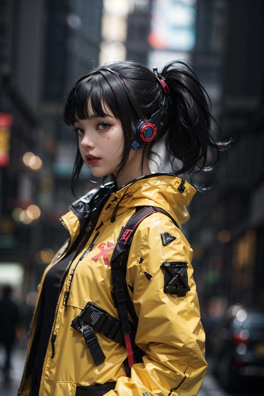 (realistic:1.2),1girl, bandaid, black_hair, dirty,  headphones, headset, short_hair, solo, breasts, bangs, blue_eyes,(cyberpunk city), long_sleeves, medium_breasts, jacket, upper_body, ponytail, small_breasts, lips, see-through, torn_clothes, facial_mark, yellow_jacket, urban techwear, outfit <lora:urbantechwear:1:OUTD>