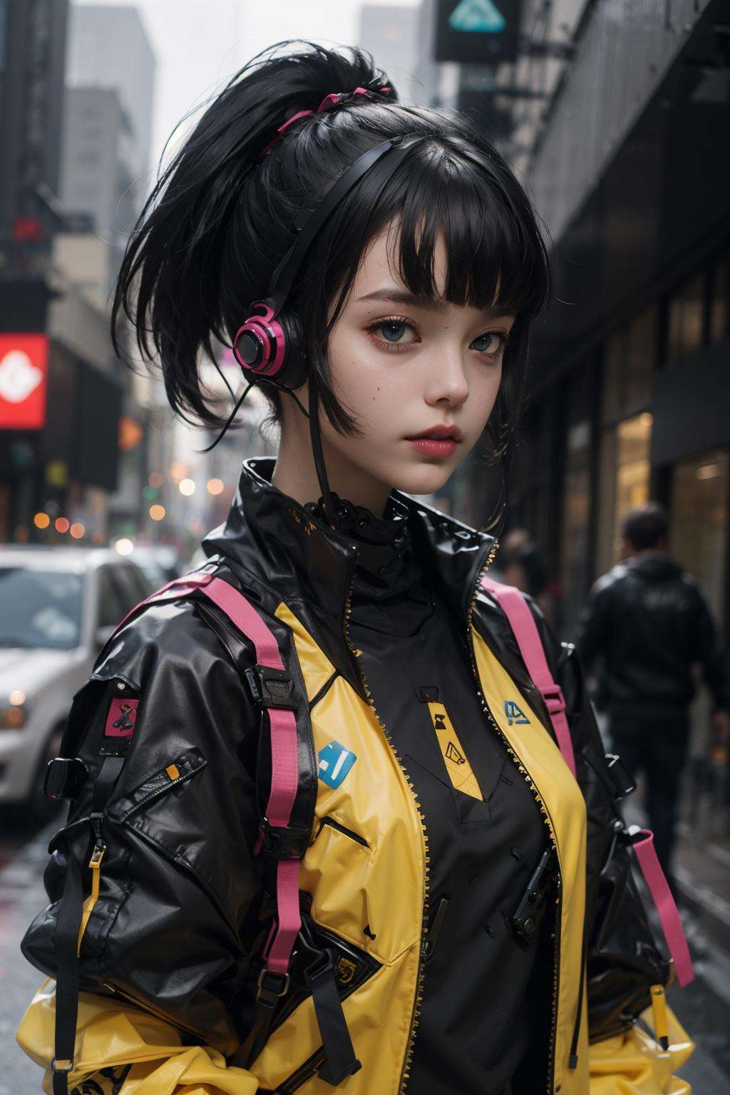 (realistic:1.2),1girl, bandaid, black_hair, dirty,  headphones, headset, short_hair, solo, breasts, bangs, blue_eyes,(cyberpunk city), long_sleeves, medium_breasts, jacket, upper_body, ponytail, small_breasts, lips, see-through, torn_clothes, facial_mark, yellow_jacket, urban techwear, outfit <lora:urbantechwear:1:OUTD>