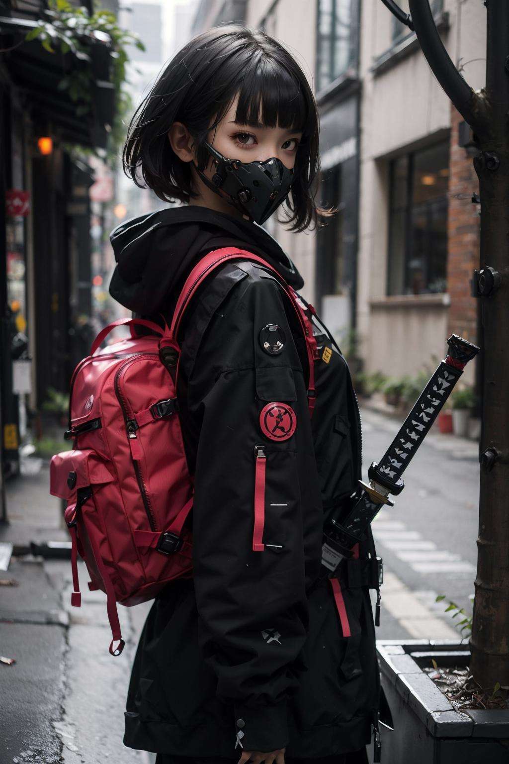 (realistic:1.2),1girl, backpack, bamboo, building, city, hood, hoodie, mask, mouth_mask, outdoors, plant, potted_plant, solo, sword, tree, weapon, weapon_on_back, looking_at_viewer, short_hair, bangs, black_hair, red_eyes, upper_body, day, bag, katana, sheath, hood_up, cyborg, cyberpunk, urban techwear, outfit<lora:urbantechwear:1:OUTD>