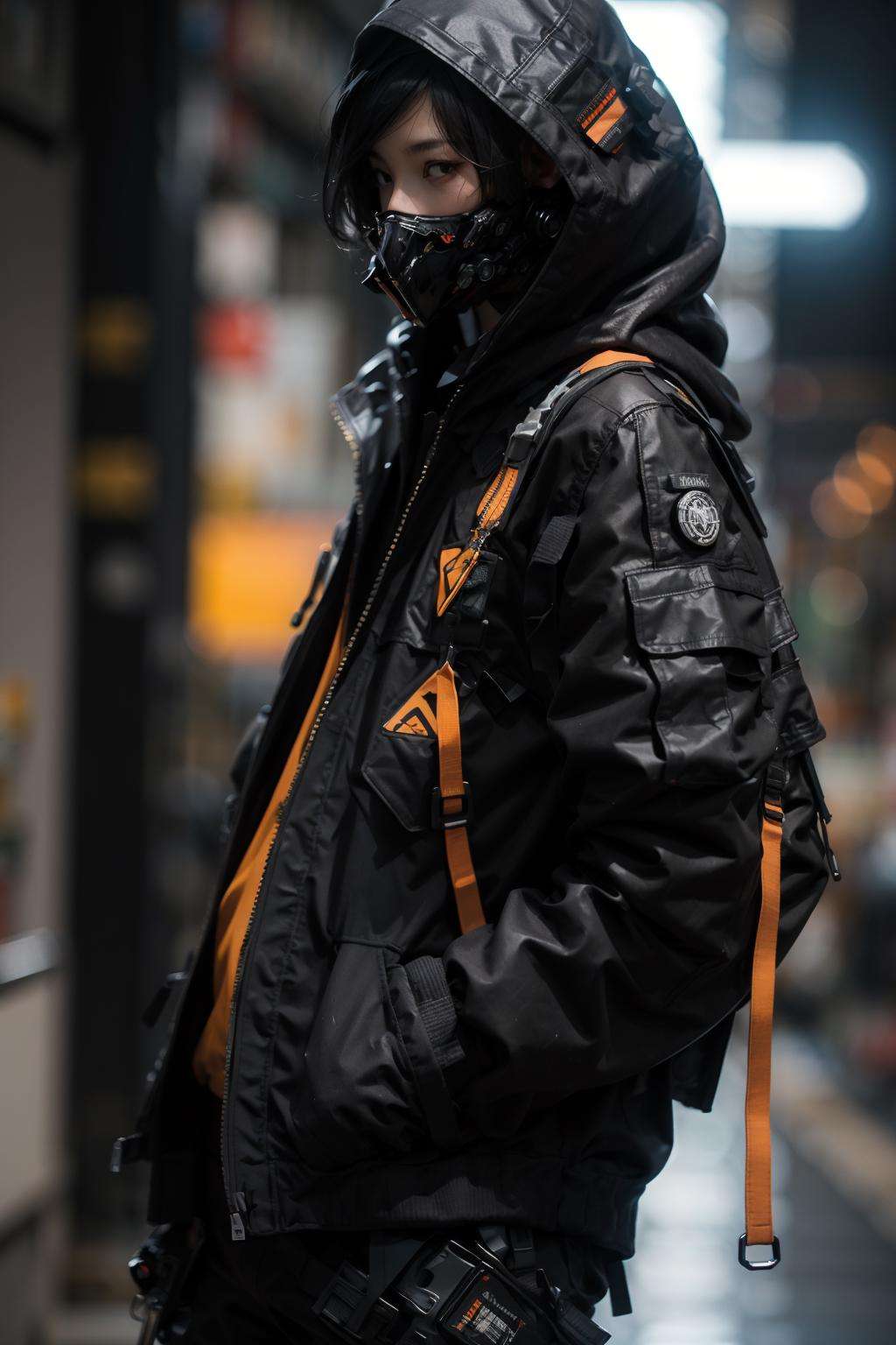 (realistic:1.2),jacket, orange_jacket, 1girl, solo, long_sleeves, upper_body, hood, from_side, black_jacket, mask, hooded_jacket, science_fiction, hands_in_pockets, urban techwear, outfit<lora:urbantechwear:1.1:OUTD> <lora:A素体机娘:0.4>