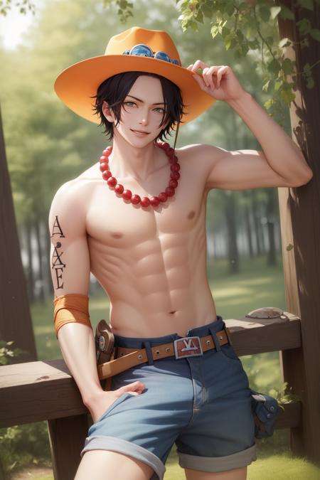 (masterpiece, best quality:1.2), <lyco:onepiece_portgasdace-12:1.0>, cowboy shot, solo, male focus, 1boy, portgas d. ace, smile, looking at viewer, hand in pocket, hat, topless male, shorts, belt, jewelry, necklace